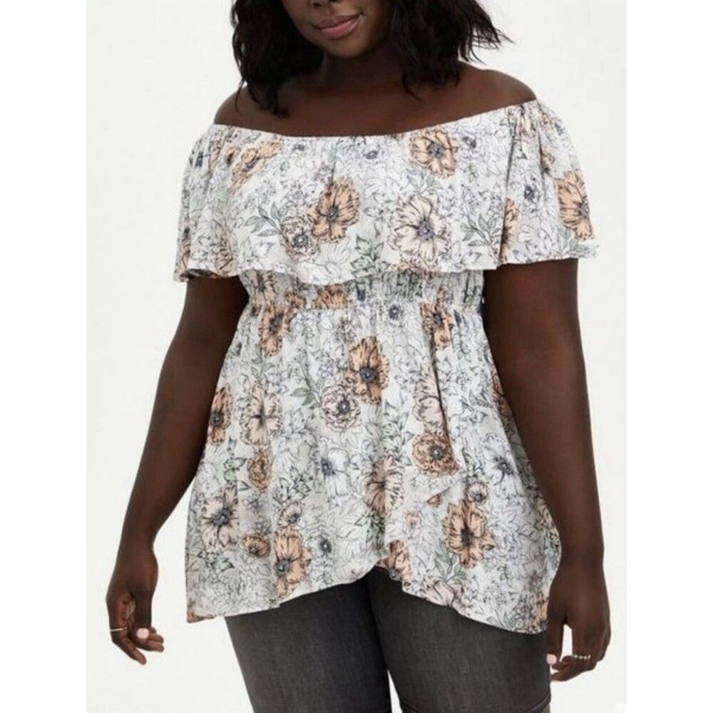 Torrid Women Size 3X Plus Floral Cold Shoulder Crinkle Gauze Ruffle Top Boho